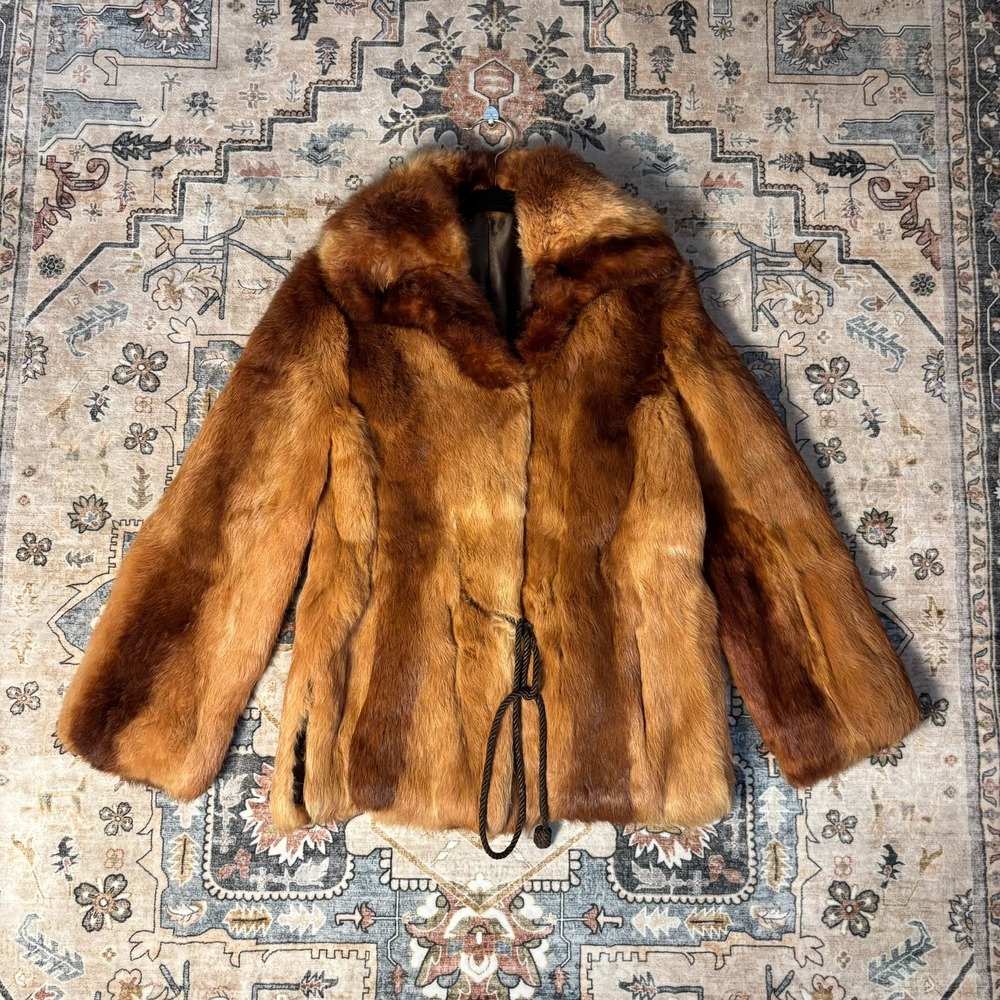 Vintage Real Fur Coat Ginger Brown Mid Length Shawl Collar Jacket Luxe Lined